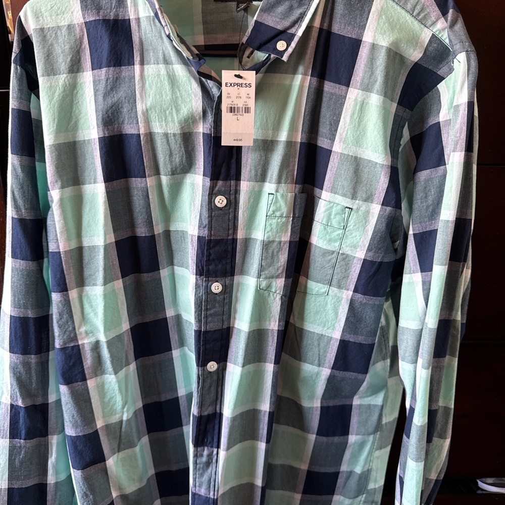 Express Men's Blue and Green Plaid Shirt